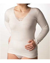 Carica l'immagine nel visualizzatore di Gallery, Camiciola manica lunga donna lana/cotone inserto Macramè - IntimoCamy