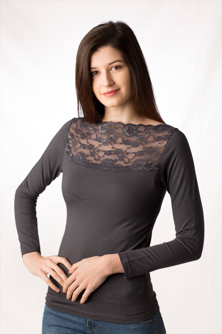 Maglia manica lunga modal con scollo a barchetta in pizzo 92%  modal 8% elastomero - IntimoCamy